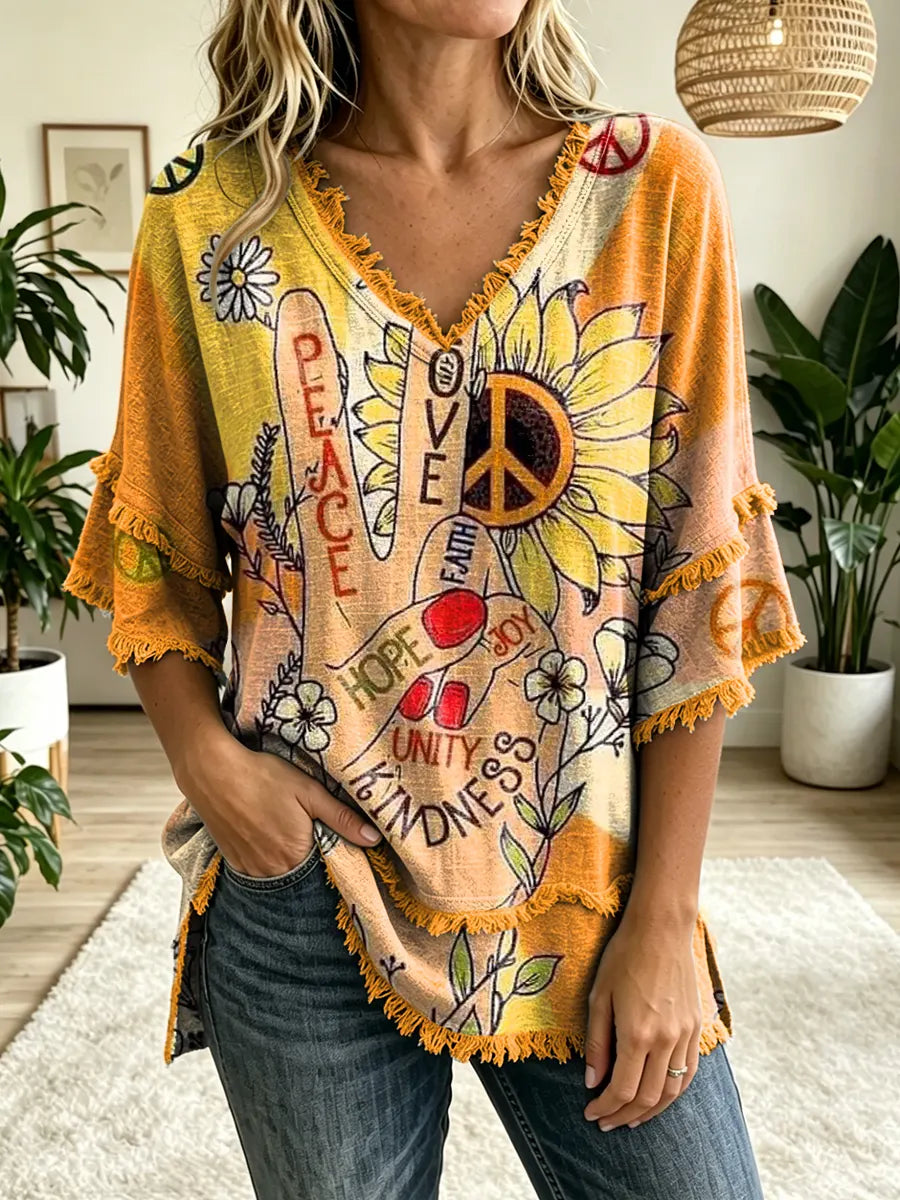 Women's Hippie Peace Love Art Print V-neck Tasseled Cotton Top
