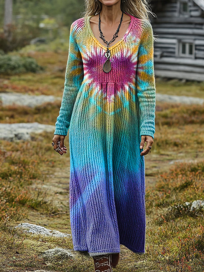 Women's Retro Heart Tie-Dye Art Print Casual Long-Sleeve V-Neck Cotton Knit Dress