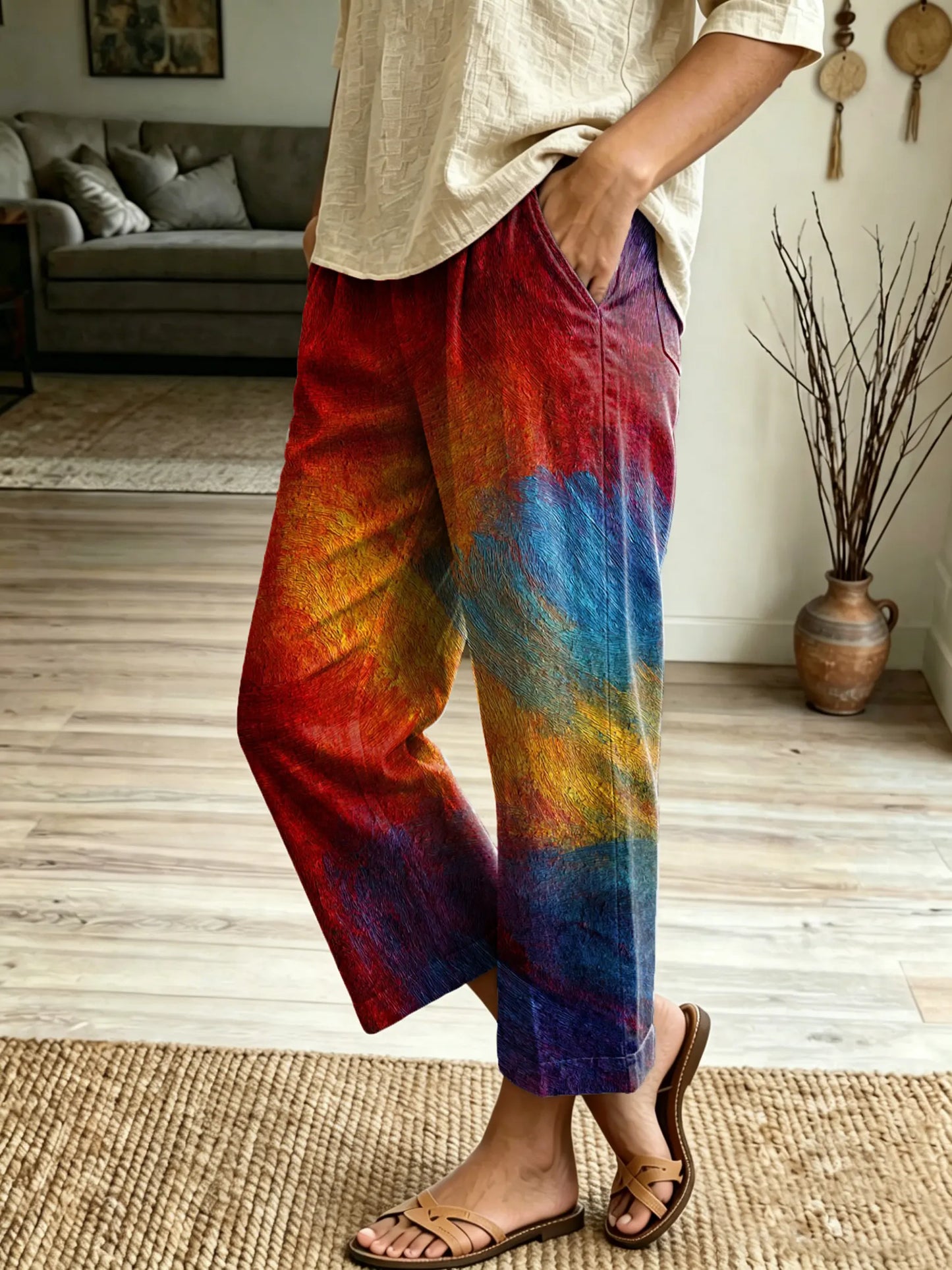 Women's Retro Oil Painting Tie-Dye Art Print Fashion Casual Pants