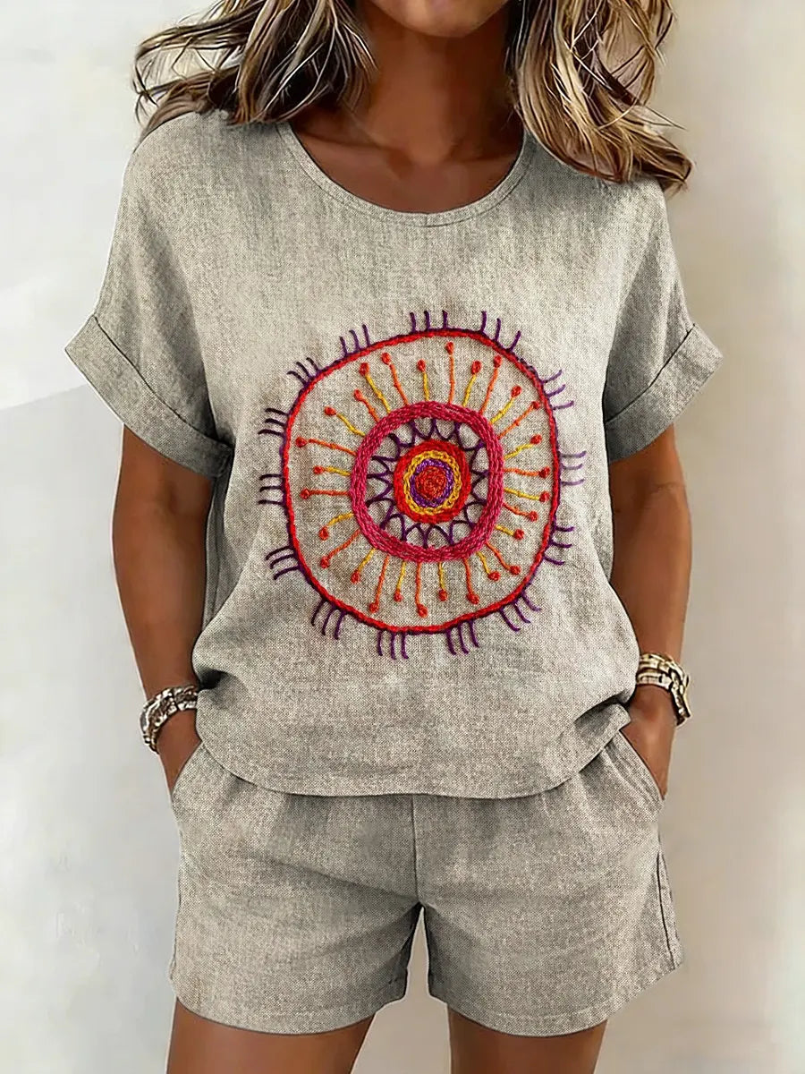 Women's Ethnic Art Prints Cotton Shirt & Shorts Two-piece Set
