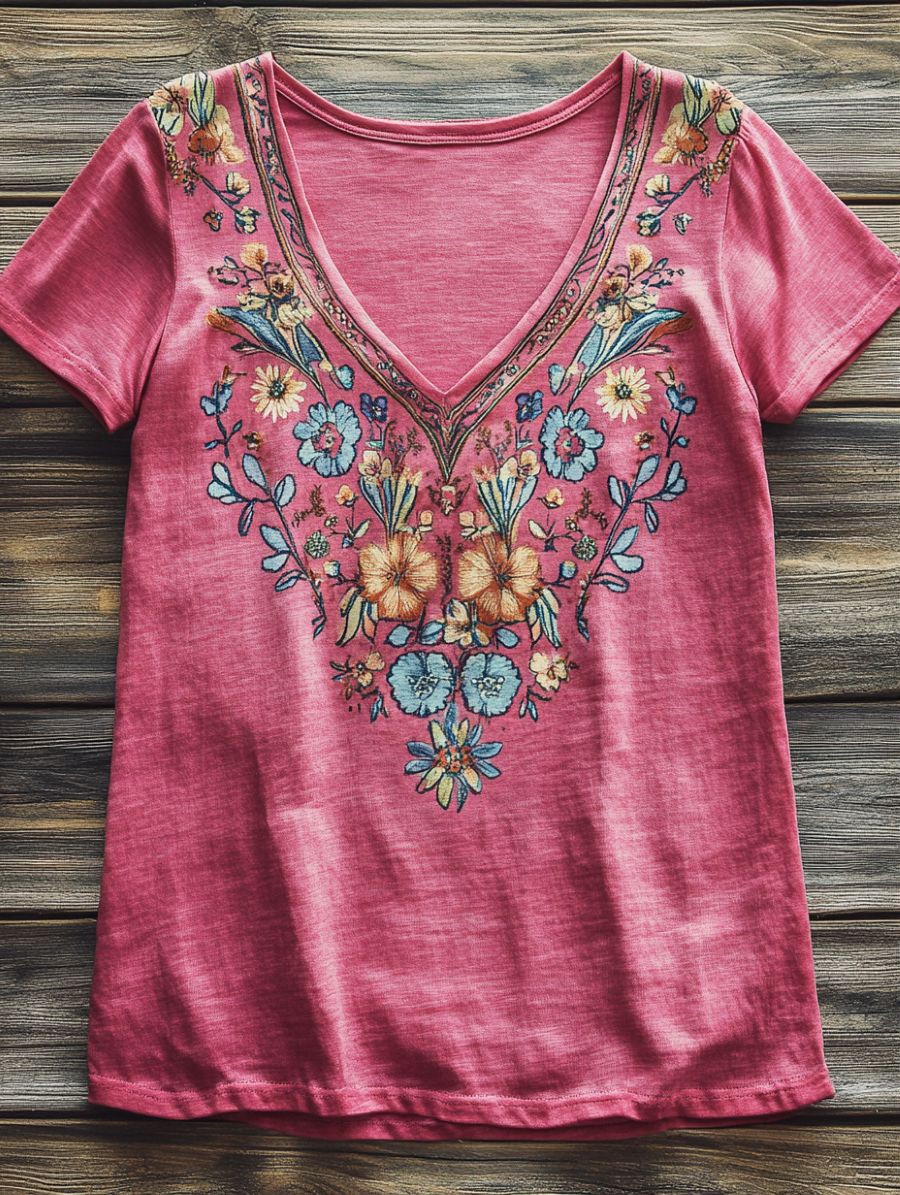 Women's Folk Flower Art Print V-neck Casual T-Shirt