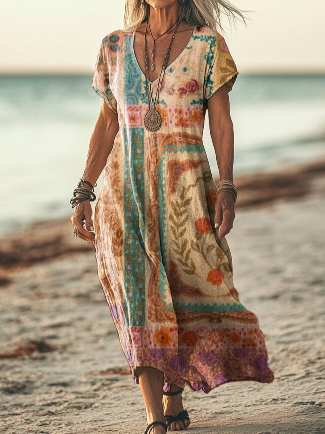 Women's Vintage Ethnic Floral Art Print Pocket Cotton Dress