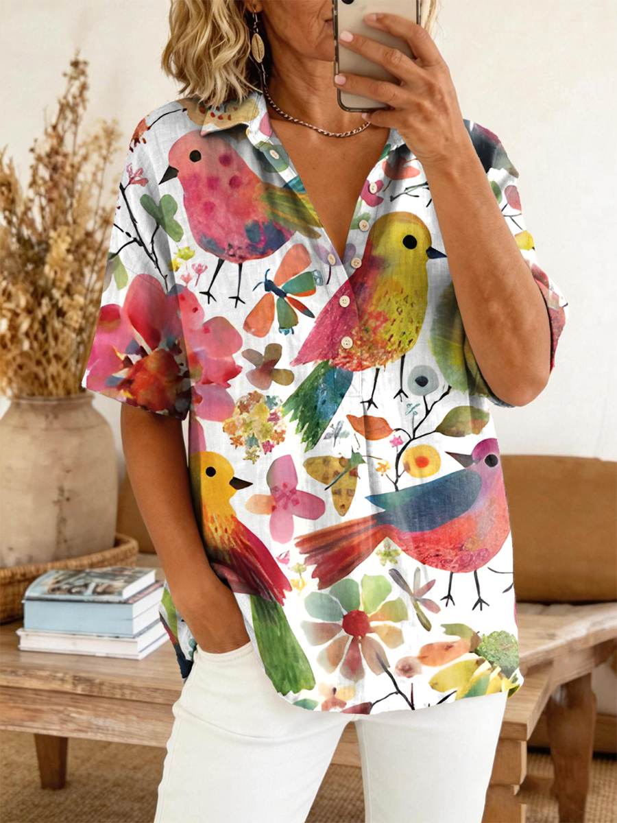 Women's Retro Bird And Floral Art Print Casual Short-sleeve Shirt