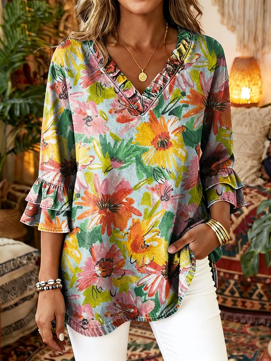 Ethnicity Bohemia Flowers Colorful Women's Art Print Casual V-neck Ruffled Washed Top
