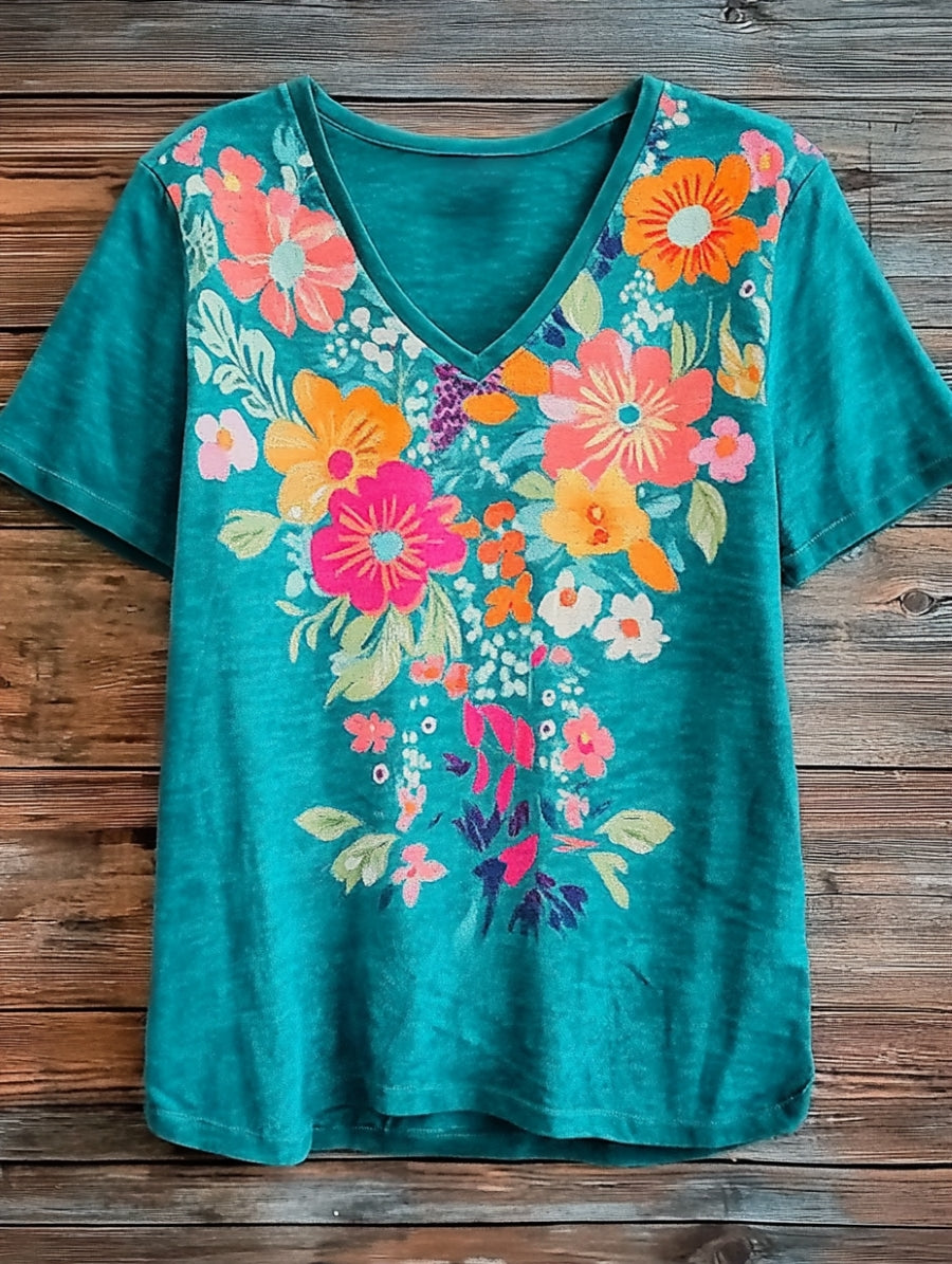 Women's Boho Flower Art Print V-neck Casual Cotton T-Shirt
