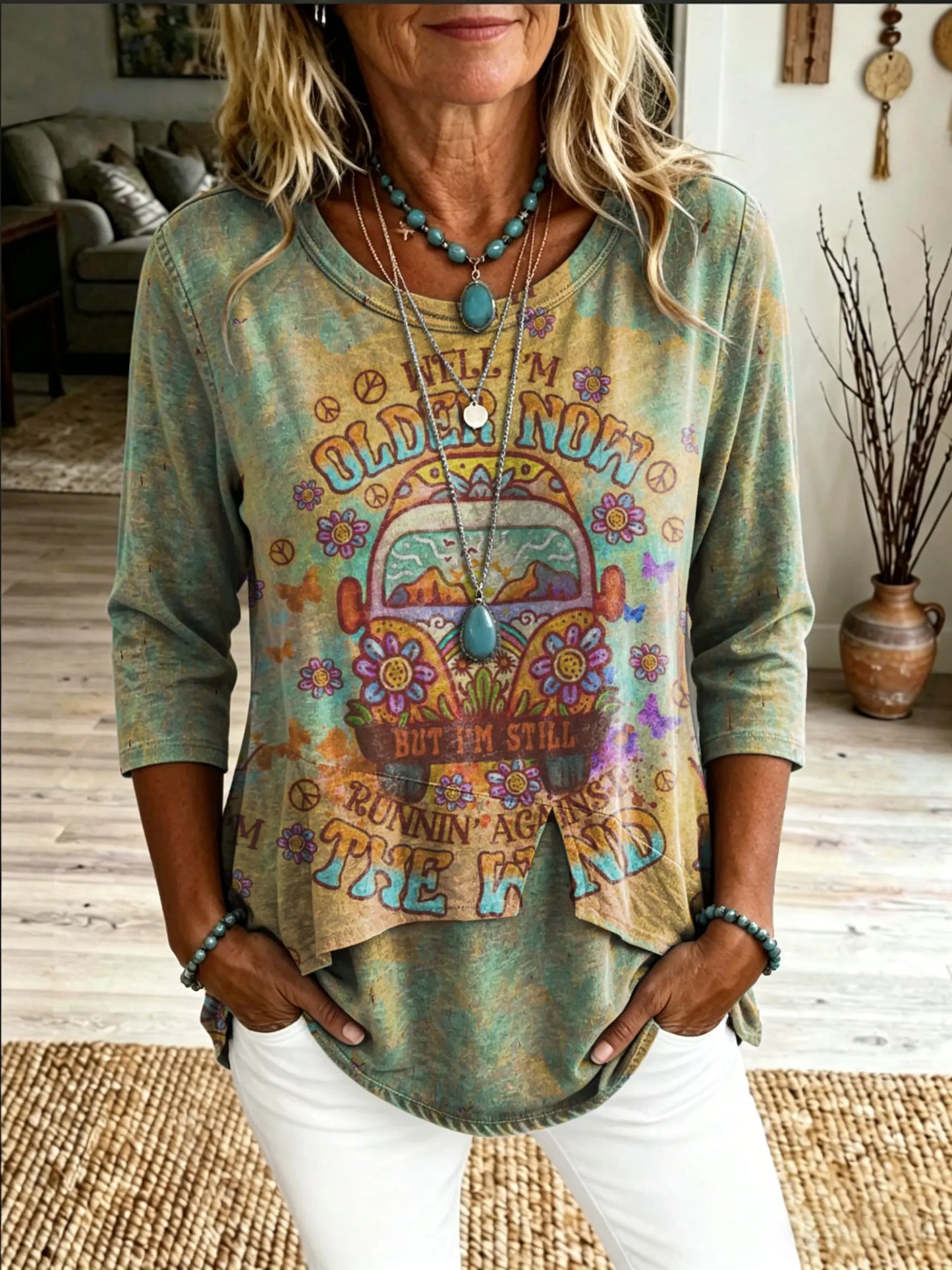 Women's “older Now The Wind” Artistic Print Casual Crew-neck T-shirt
