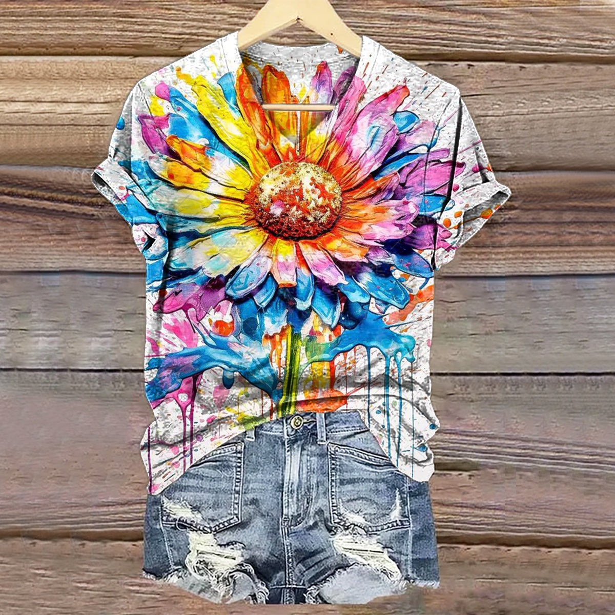 Women's Watercolor Ink Splashing Floral Art Print V-neck Casual T-Shirt