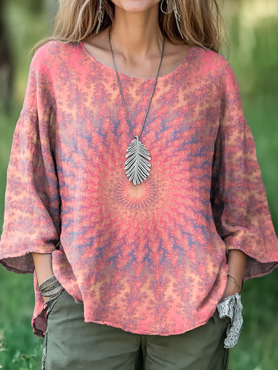 Women's Retro Kaleidoscope Tie Dye Print Casual Cotton And Linen Shirt