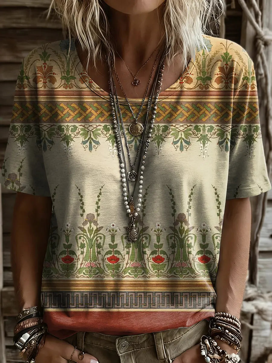 Women's Retro Ethnic Floral Print Round-neck Short-sleeve T-shirt