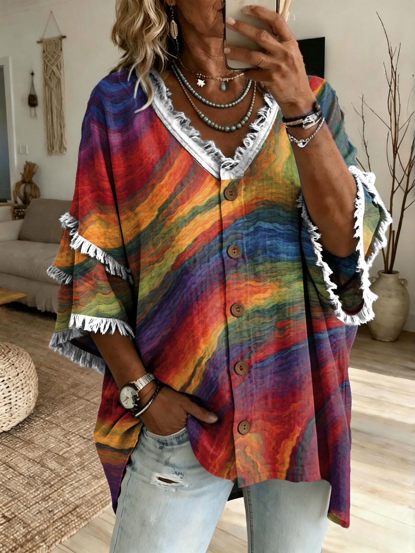 Women's Vintage Oil Painting-Style Tie-Dye Art Print Cardigan — V-Neck with Frayed Edges