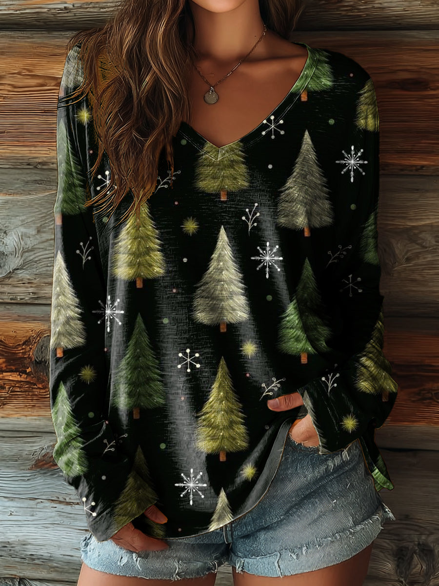 Women's Vintage Black Snowflake Christmas Tree Art Print V-neck Cotton T-shirt