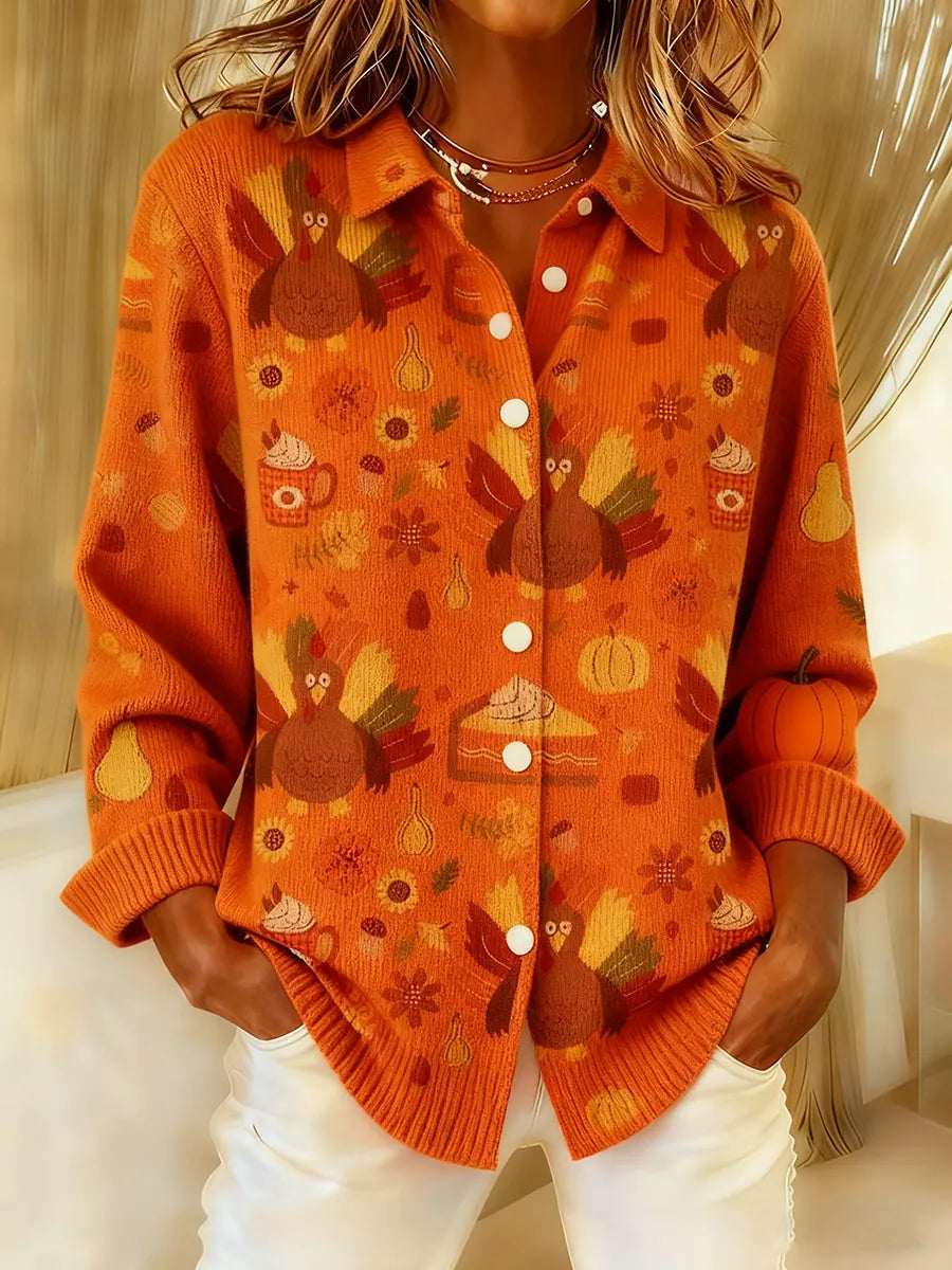 Women's Retro Thanksgiving Turkey Art Print Knit Cardigan