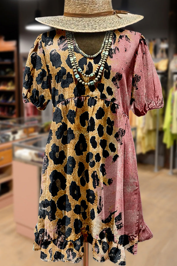 Contrast Leopard Print Ruffle Hem Mini Dress