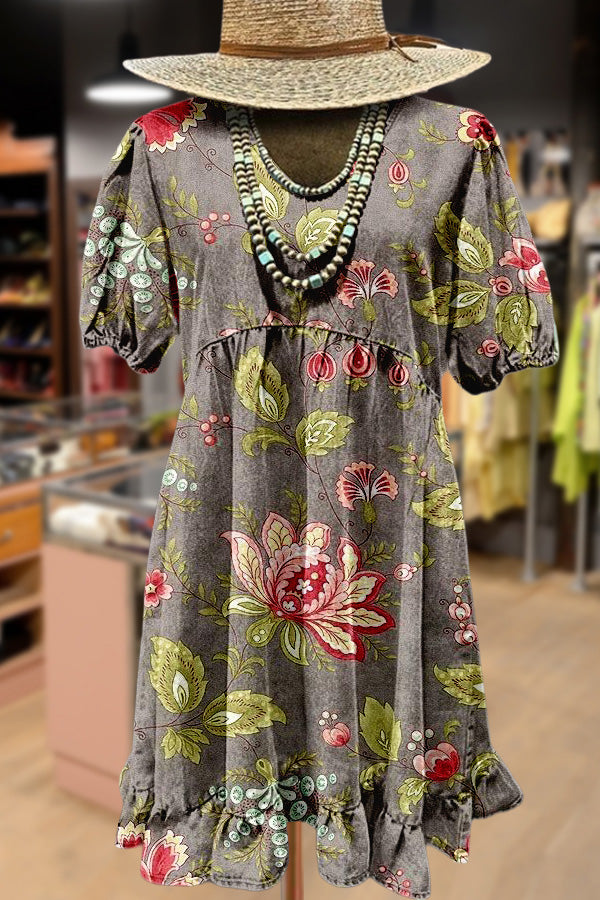 Vintage Floral Print Puff Sleeve Mini Dress