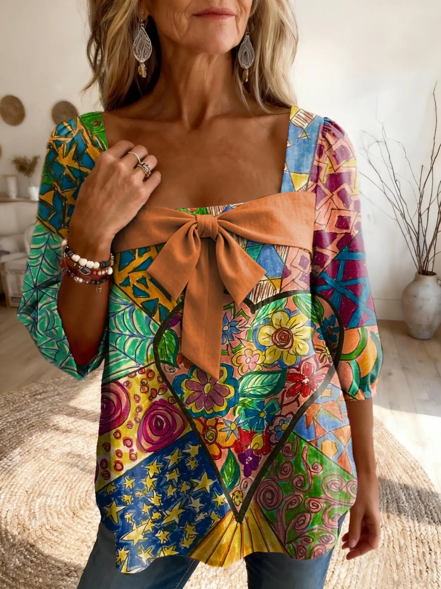 Women's Vintage-Style Spliced Love Artistic Print Casual Square-Neck Top with Bow Detail