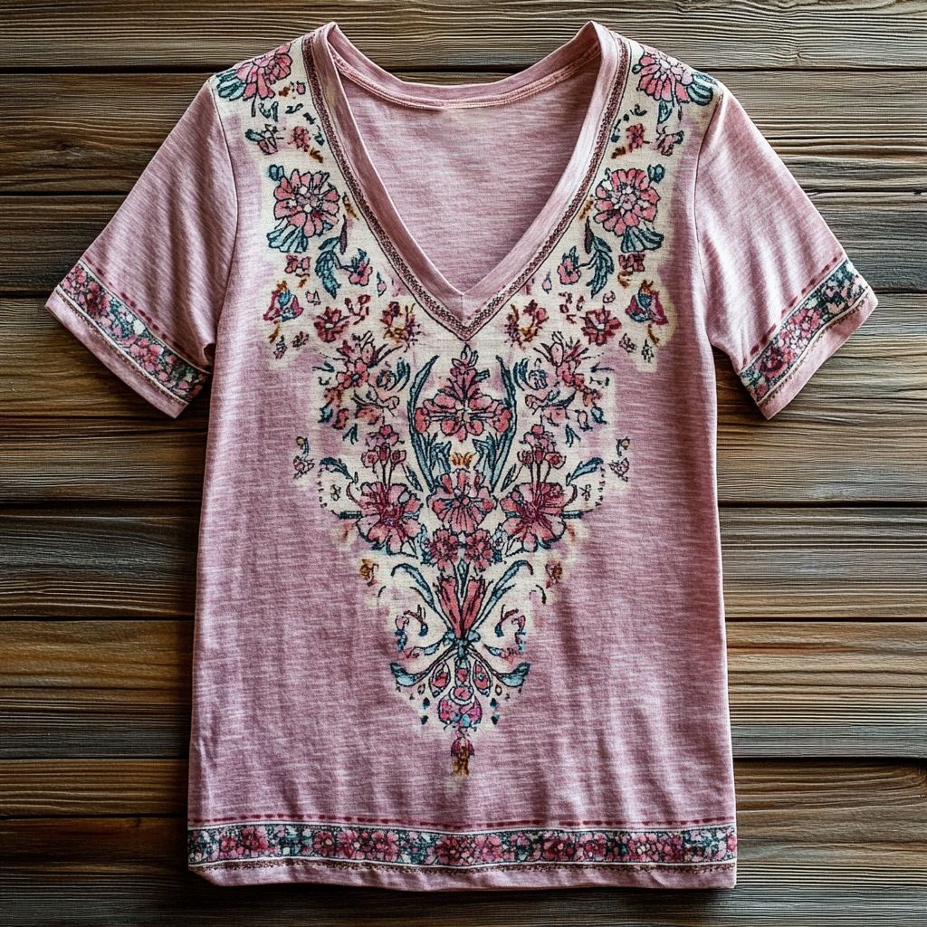 Women's Vintage Folk Art Floral Pattern Print V-Neck Cotton T-Shirt
