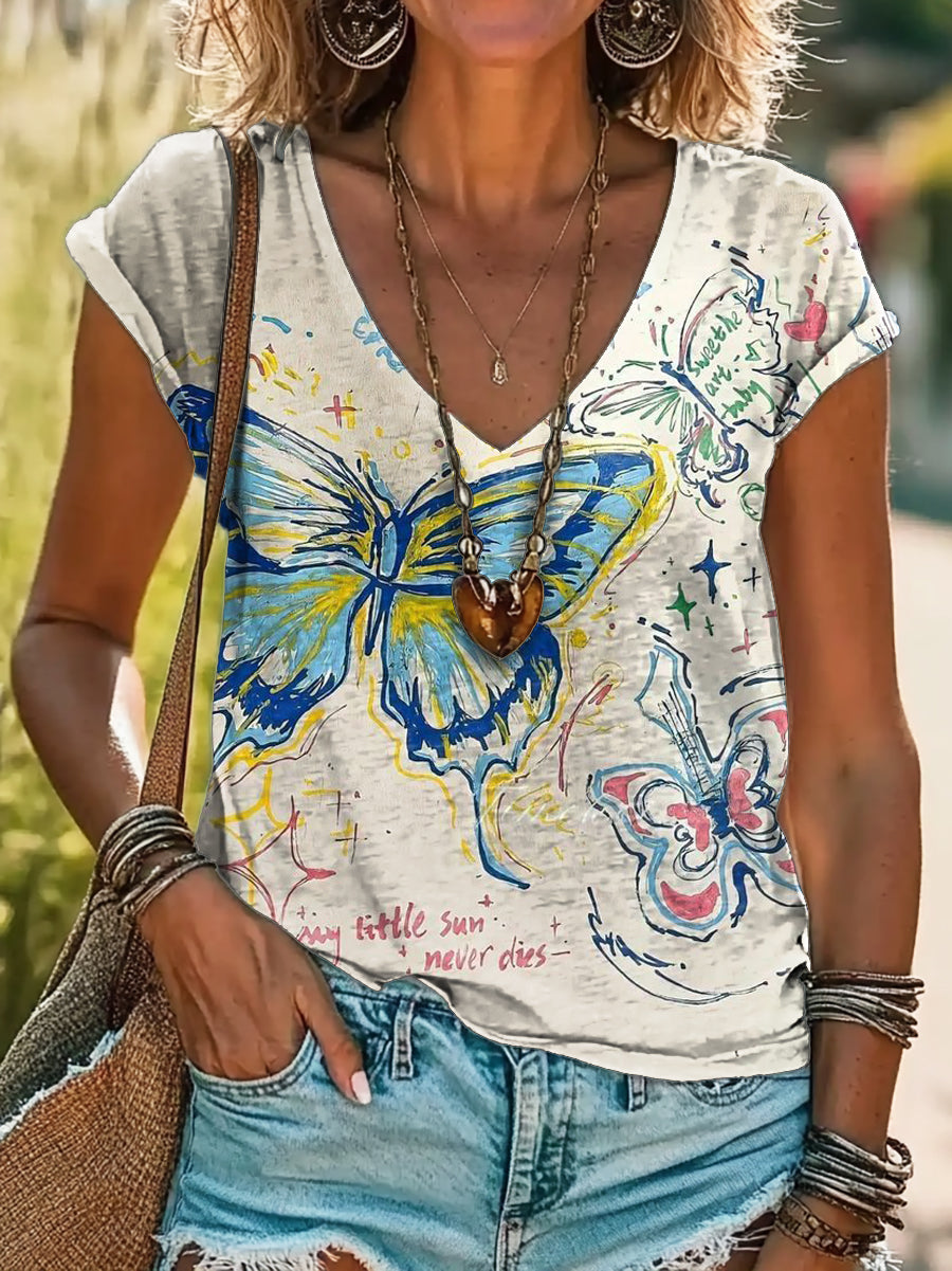 Women's Butterfly Art Print V-Neck Cotton T-Shirt