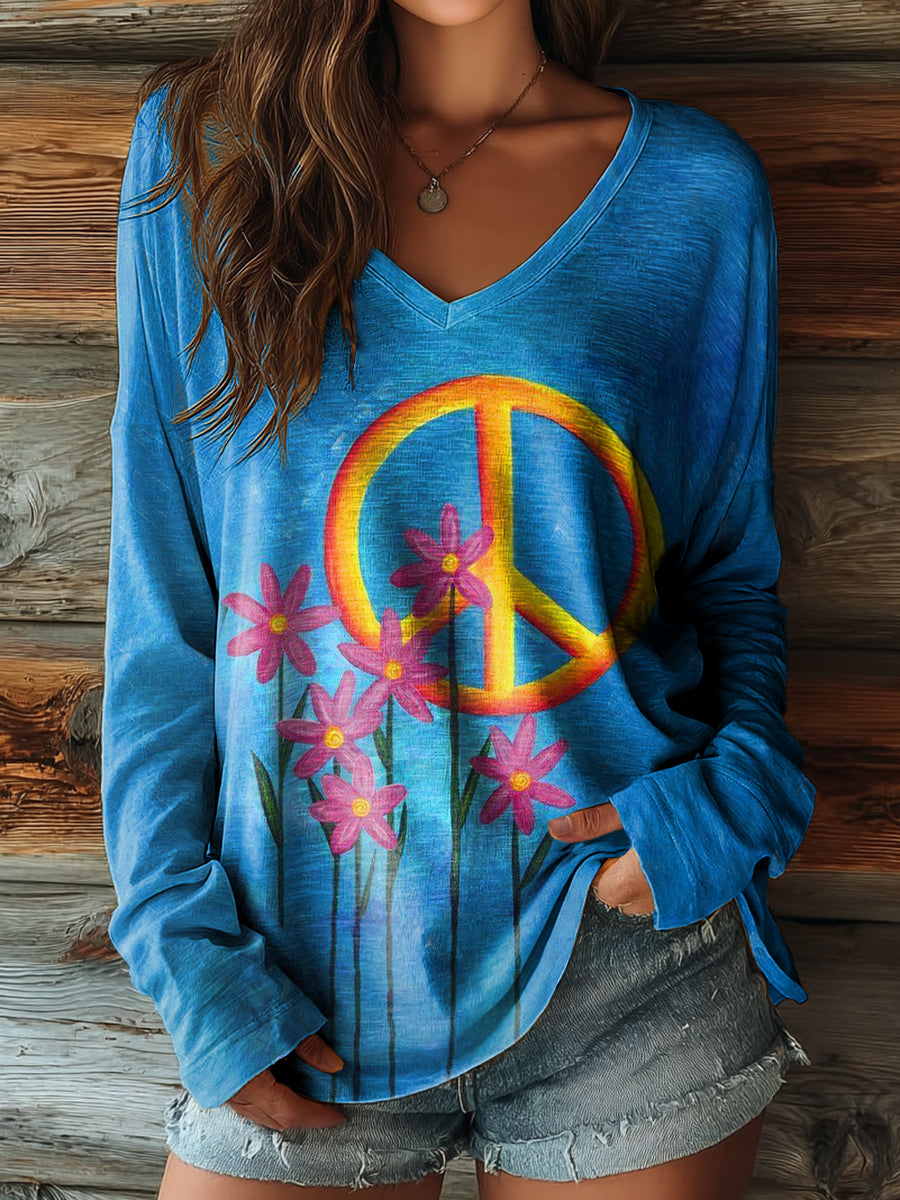 Women's Vintage Blue Floral Peace Sign Hippie Art Print Casual V-Neck Long-Sleeve T-Shirt