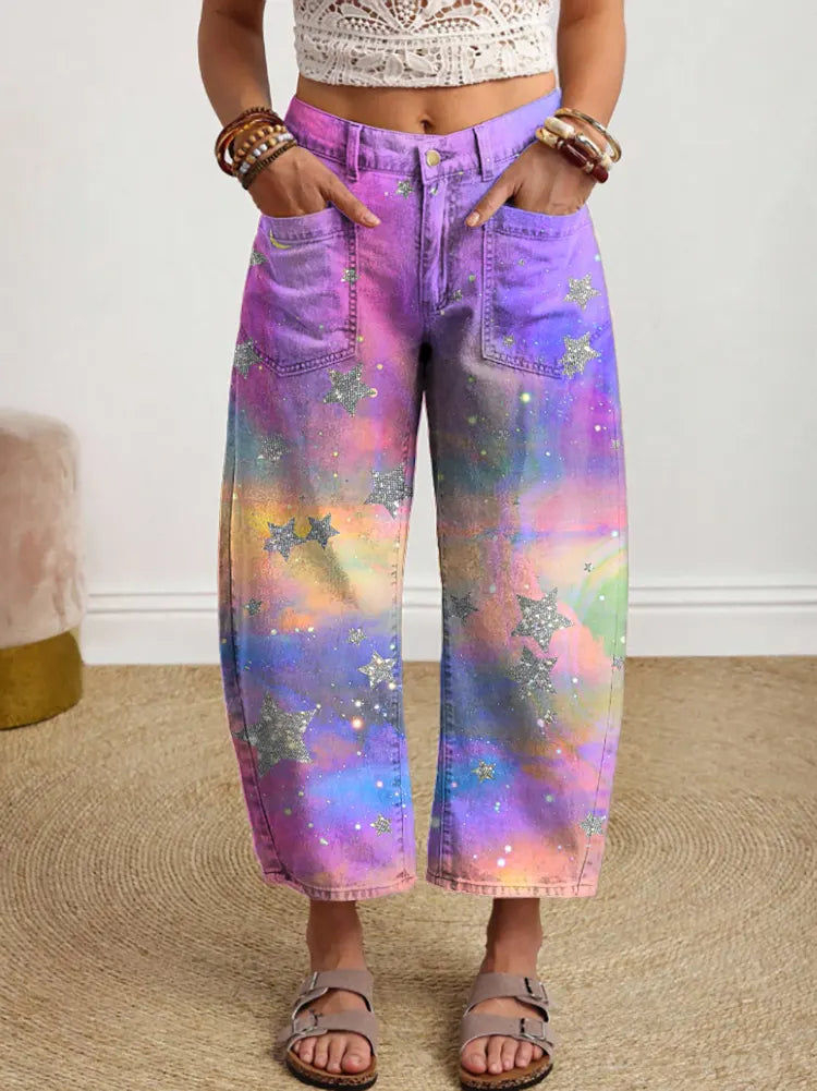 Women's Hippie Tie-dye Vintage Star Art Print Jeans