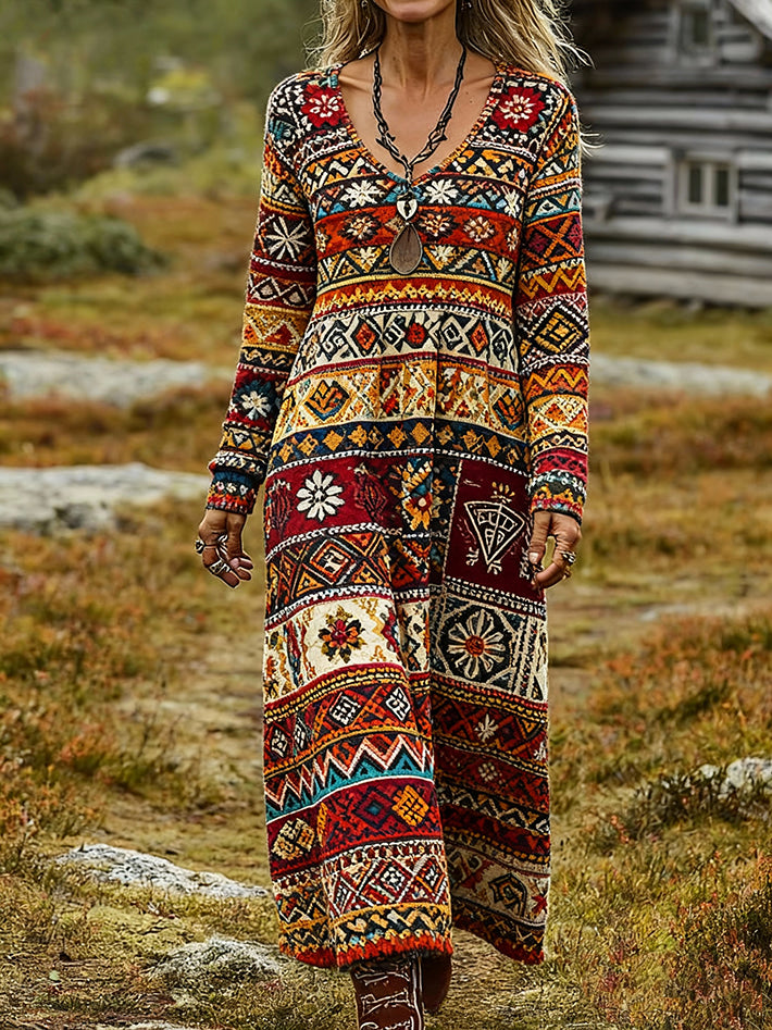 Women's Retro Ethnic Art Print Casual Long-Sleeve V-Neck Cotton Knit Dress