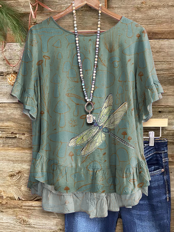 Women's Retro Mushroom Dragonfly Art Print Casual Round Neck Short Sleeve Shirt