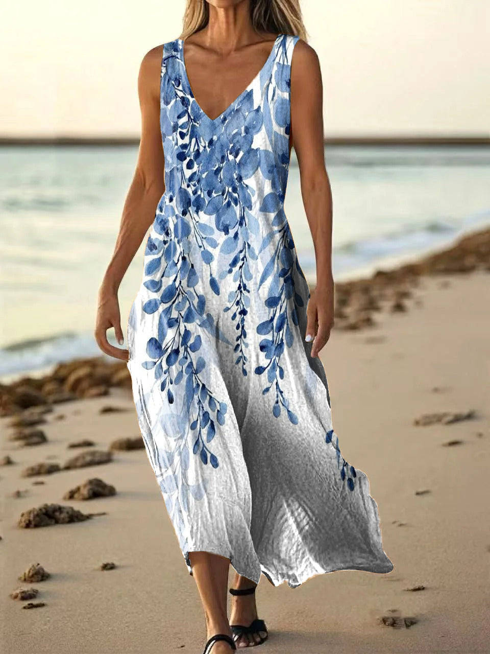 Women's Gradient Floral Art Print Sleeveless V Neck Pocket Cotton Dress