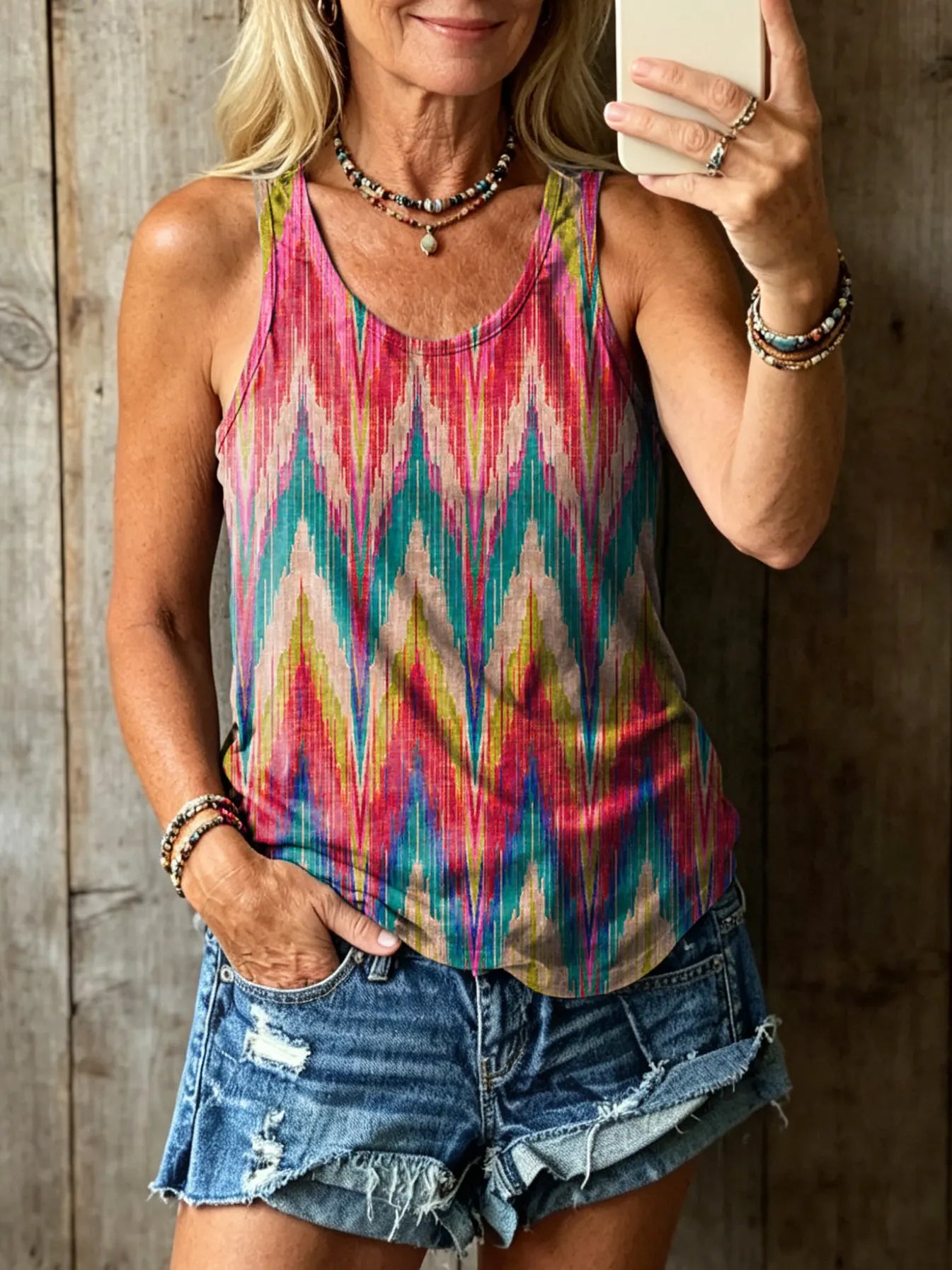Women's Bohemian Colorful Ripple Art Print Crew Neck Sleeveless Tank Top