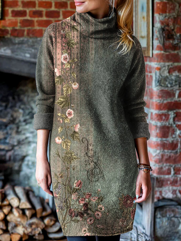 Women's Vintage Green Floral Art Print Cover-up High-neck Knit Dress