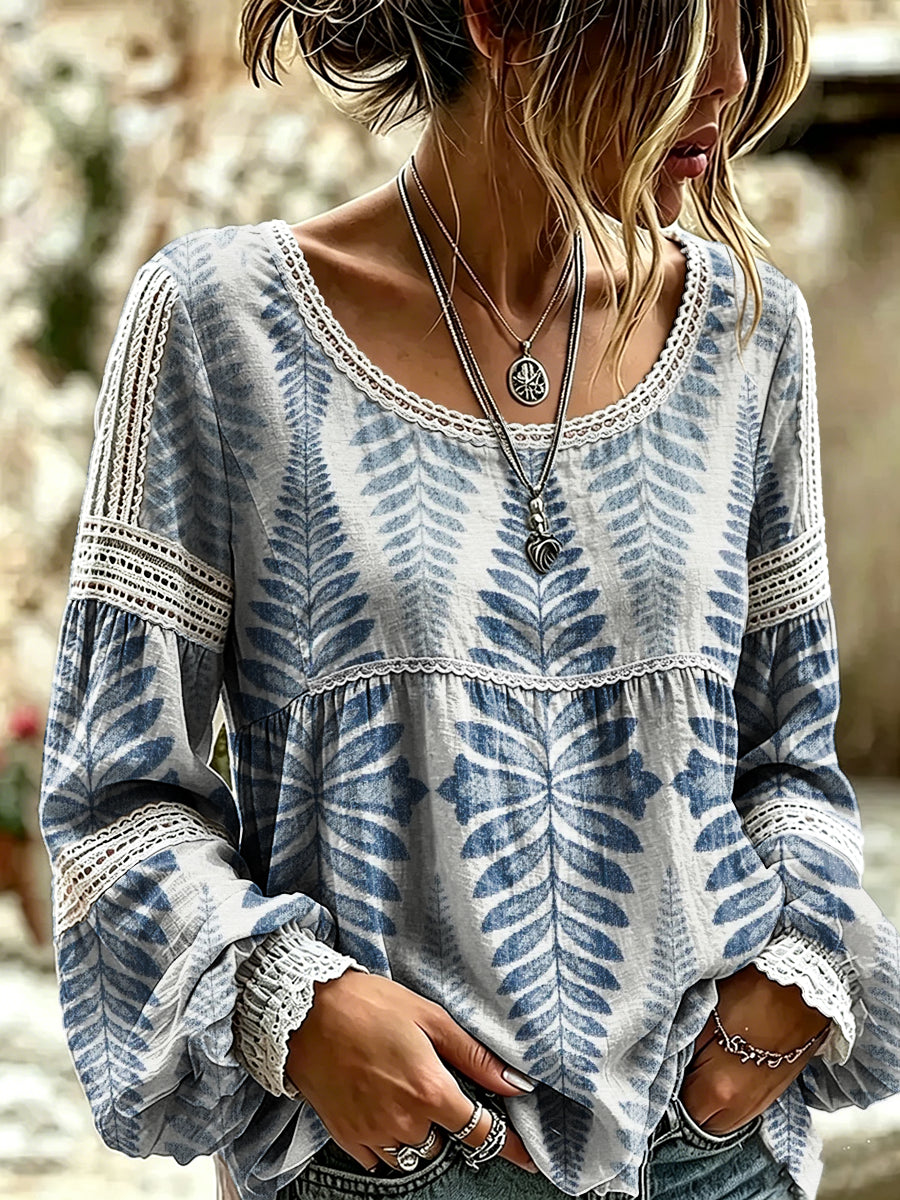 Women's Retro Ethnic Floral Art Print Casual Long-sleeved Round Neck Lace Cotton Shirt