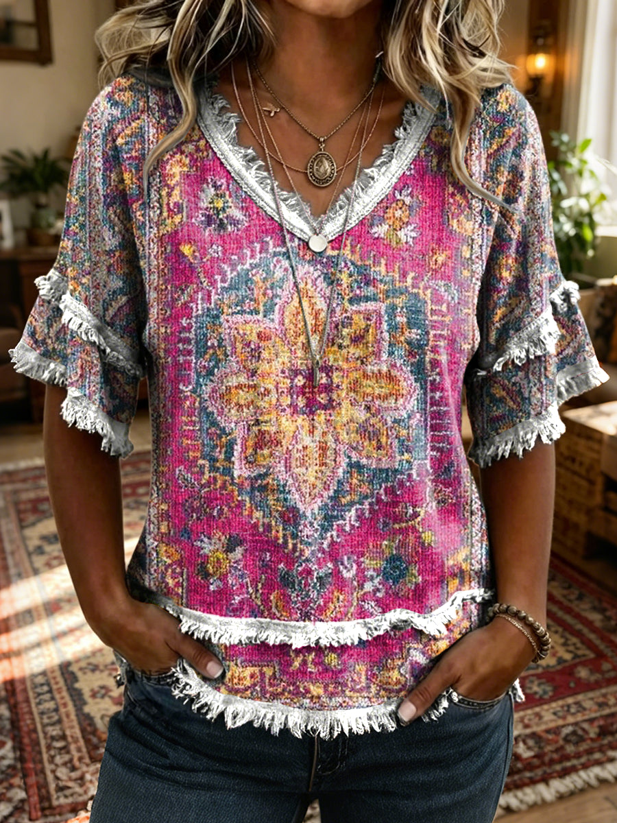 Women's Retro Ethnic Totem Art Print Casual Half-sleeve V-neck Frayed Cotton Shirt