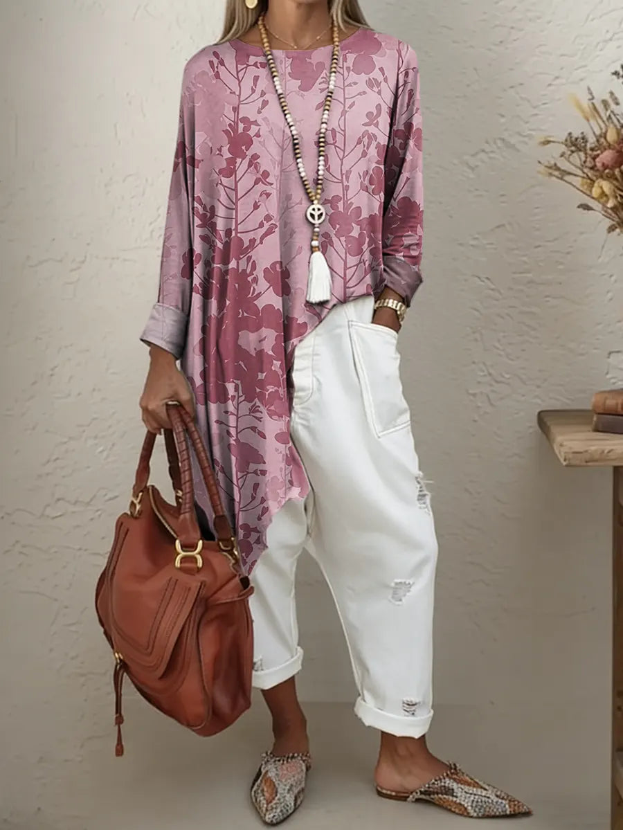 Ethnicity Geometry Leaves Women's Print Irregular Hem Cotton Long-sleeve T-shirt