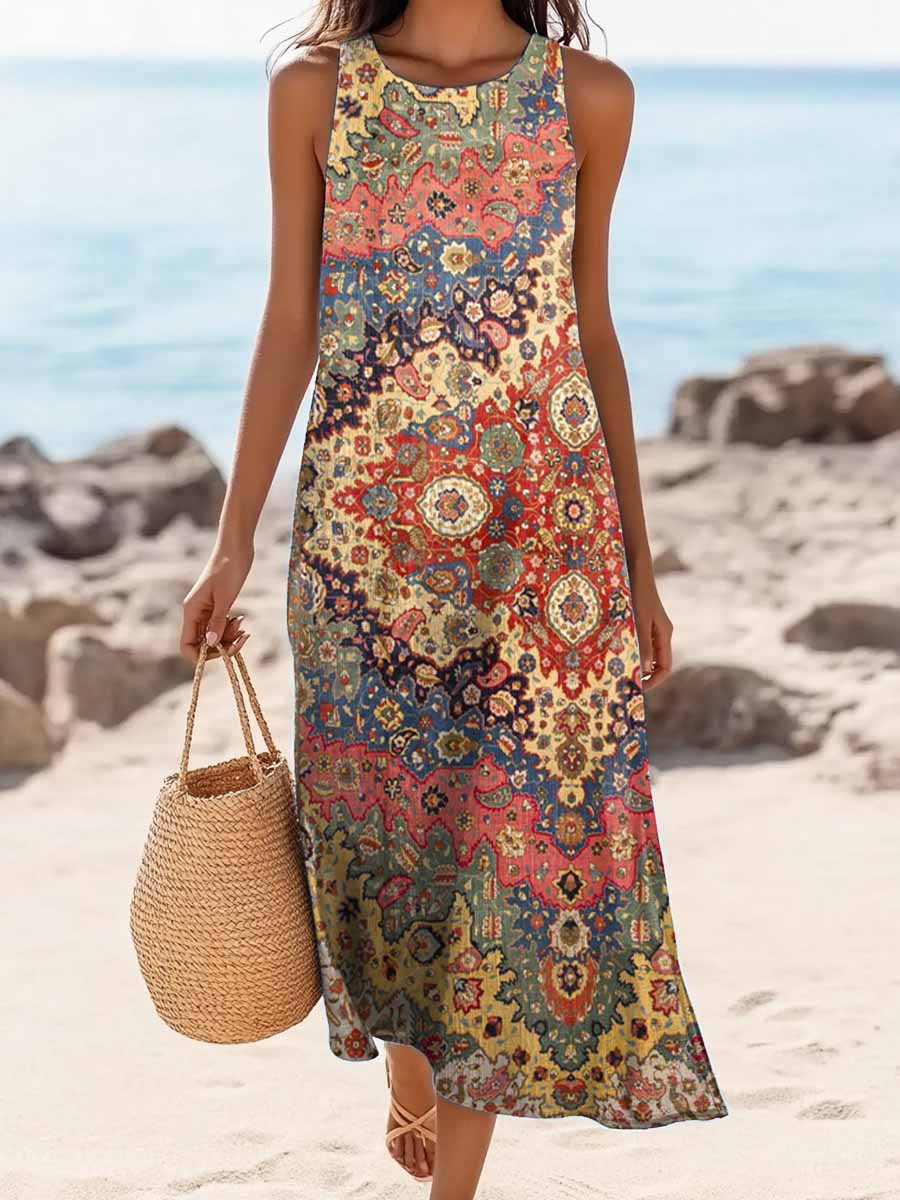 Women's Colorful Bohemian Ethnic Totem Art Print Sleeveless Cotton Pocket Dress