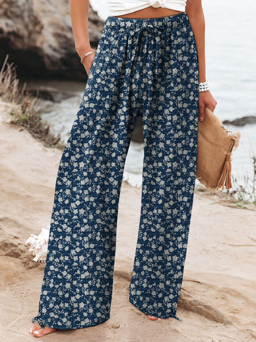 Women's Vintage Floral Art Printed Cotton And Linen Casual Pants