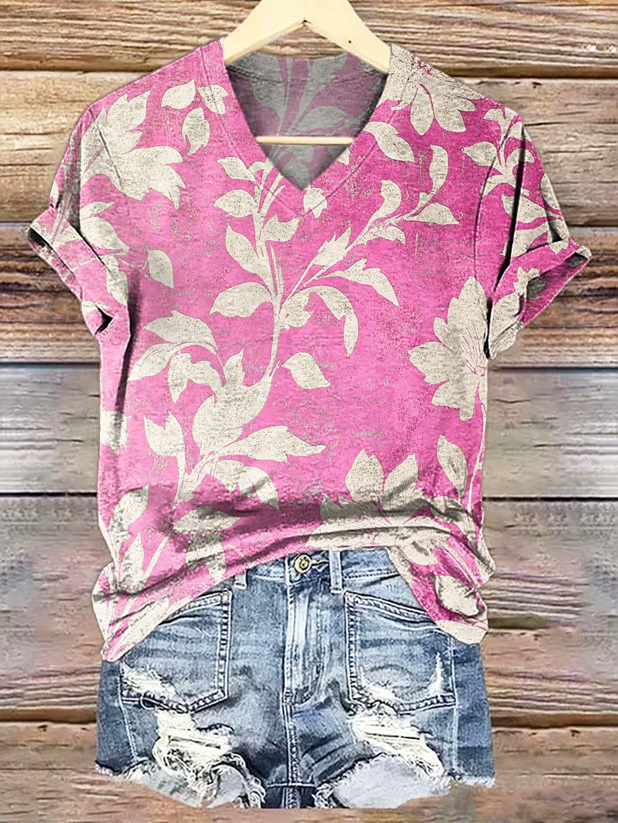 Women's Retro Folk Floral Art Print Casual V-neck Cotton T-shirt