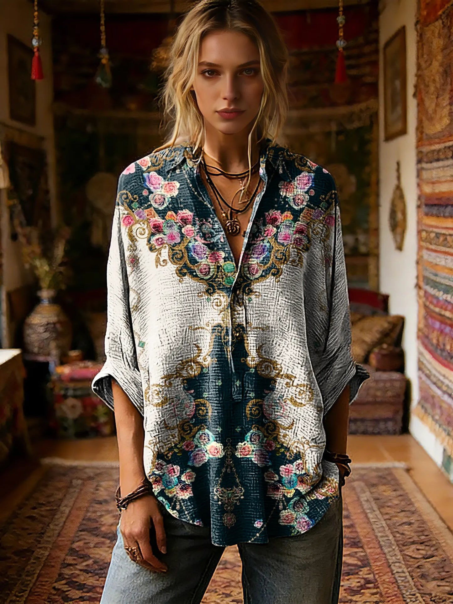 Women's Vintage Floral Pattern Art Print Casual Long-sleeve Shirt