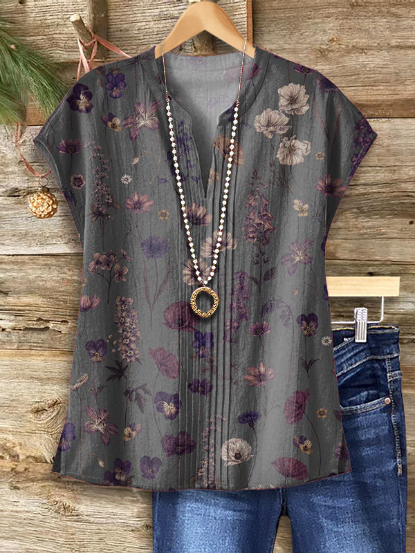 Women's Vintage Floral Art Print Casual Short Sleeve Cotton And Linen Shirt
