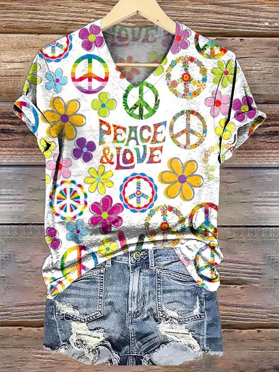 Women's Peace Love Art Printed V-neck Casual T-Shirt