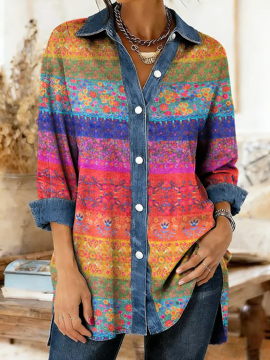 Women's Bohemian Floral Patchwork Art Print Denim Patchwork Casual Shirt