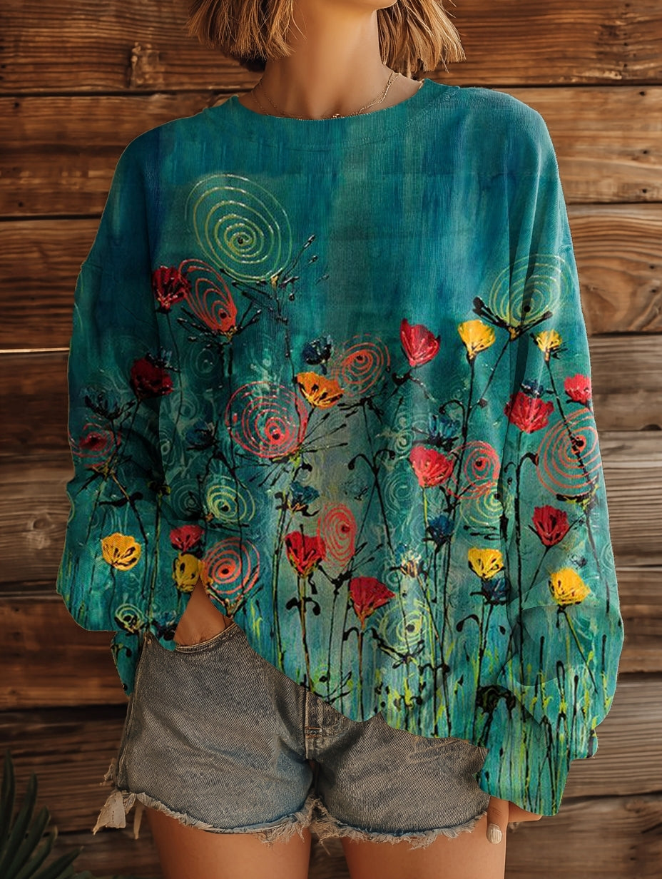 Women's Vintage Floral Pattern Art Print Casual Crew Neck Sweatshirt