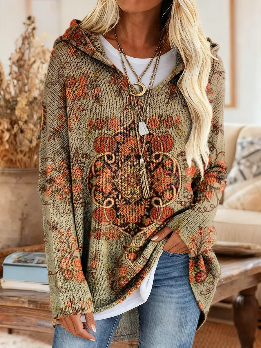 Women's Ethnic Totem Floral Art Print Casual Knitted Hooded Tunic Top