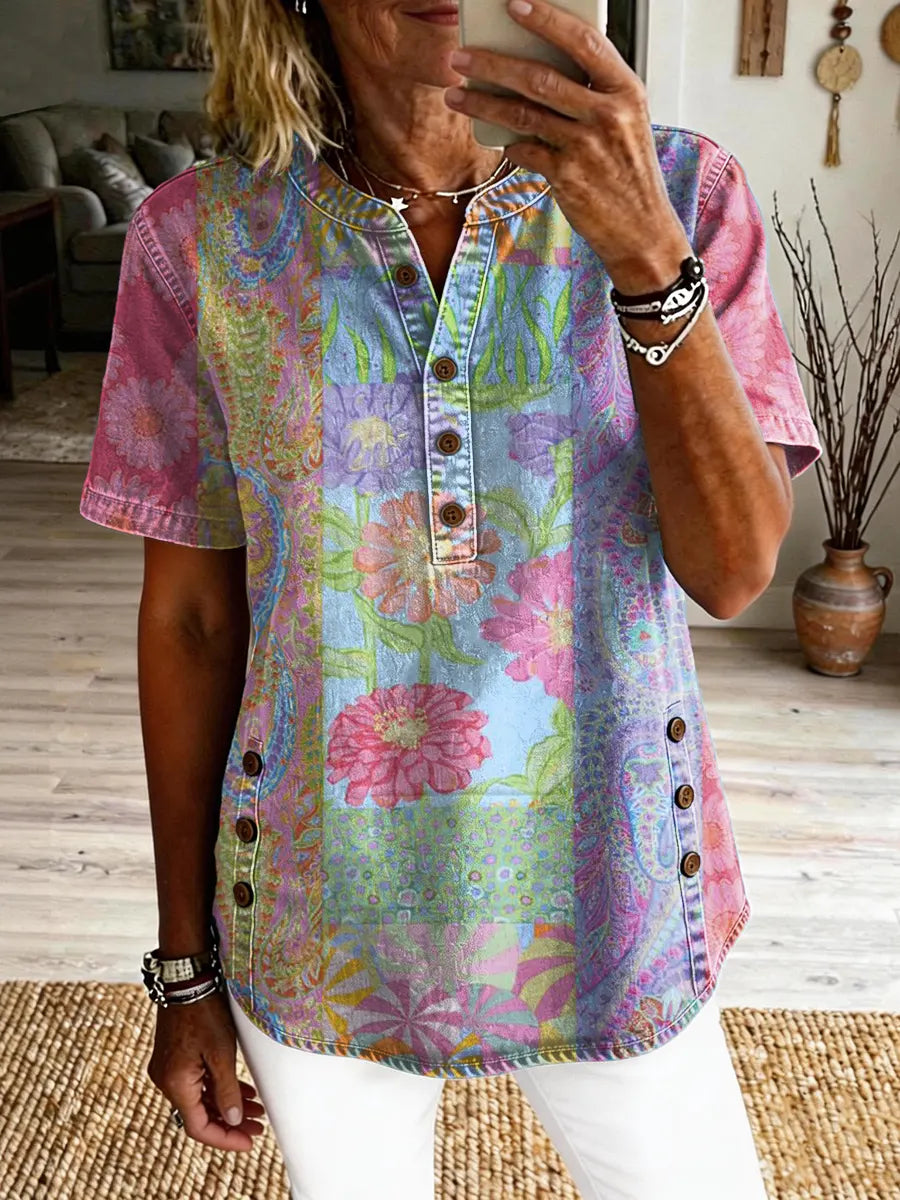 Women's Vintage Floral Art Print Casual Short-sleeve Washed Shirt