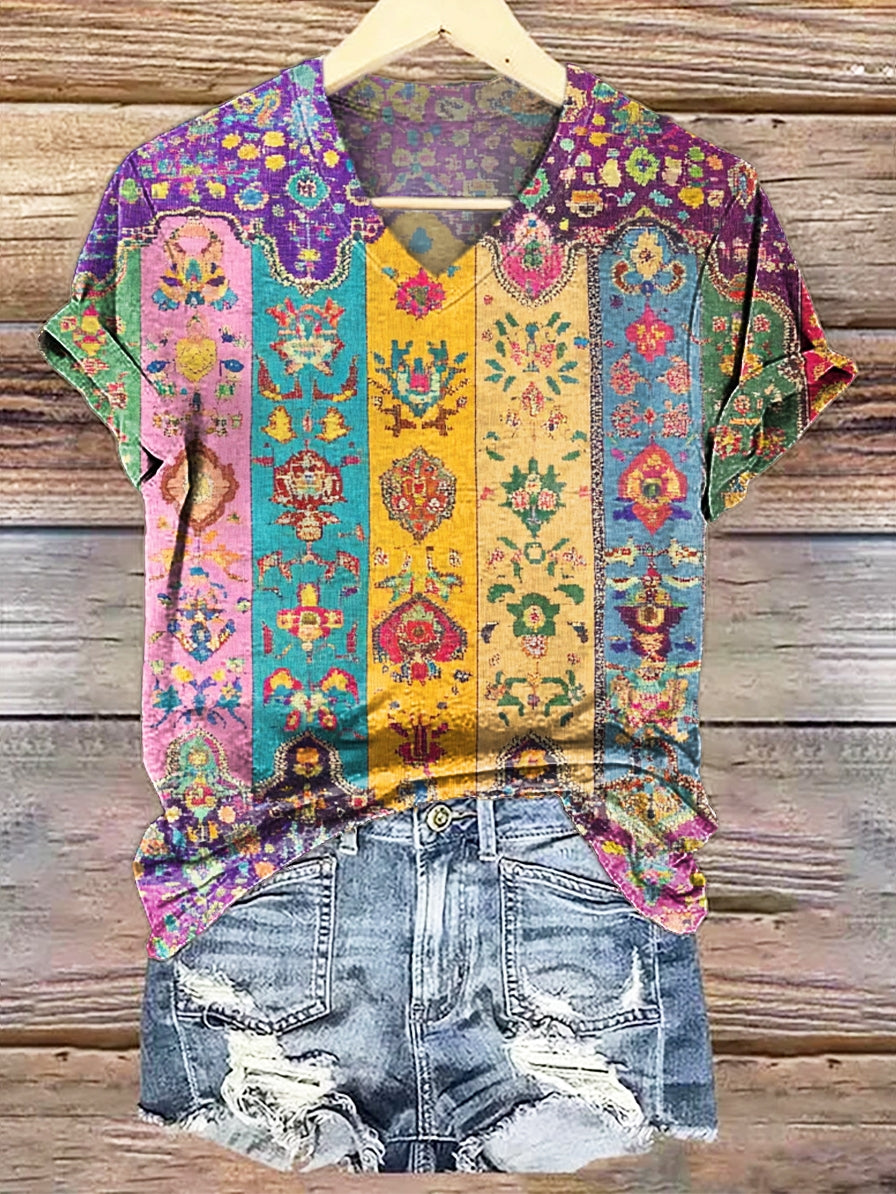Women's Retro Colorful Ethnic Totem Print Casual V-neck Cotton T-shirt