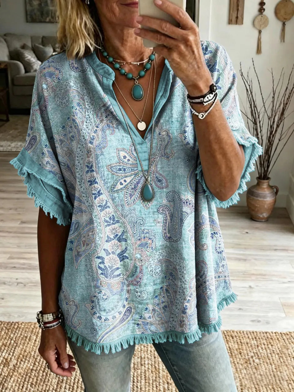 Women's Retro Bohemian Paisley Floral Art Print Casual Loose V-Neck T-Shirt