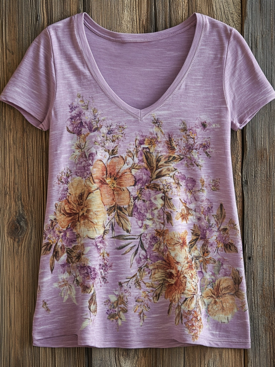 Women's Vintage Folk Art Floral Pattern Print V-Neck Cotton T-Shirt