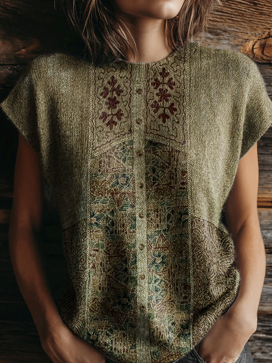 Women's Vintage Ethnic Floral Tattoo Pattern Art Print Casual Crew Neck Short Sleeve Knit Sweater
