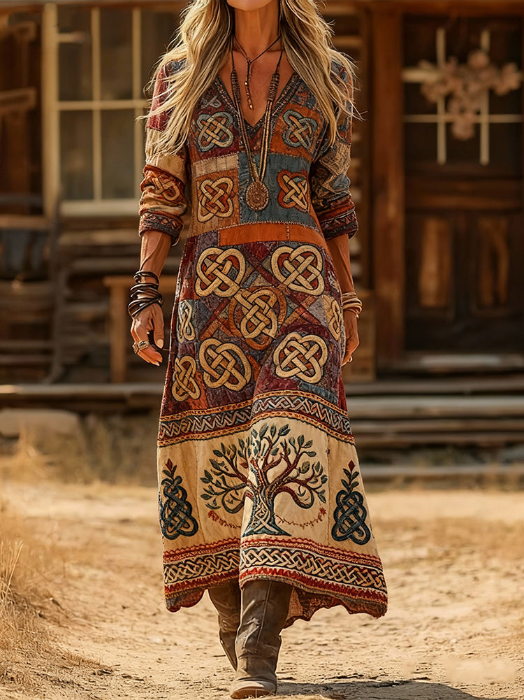 Women's Viking Art Print Casual V-Neck Long-Sleeve Cotton Dress