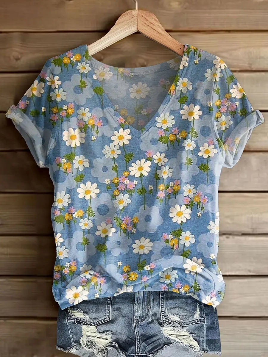 Women's Vintage Floral Pattern Art Print V-neck Short Sleeve