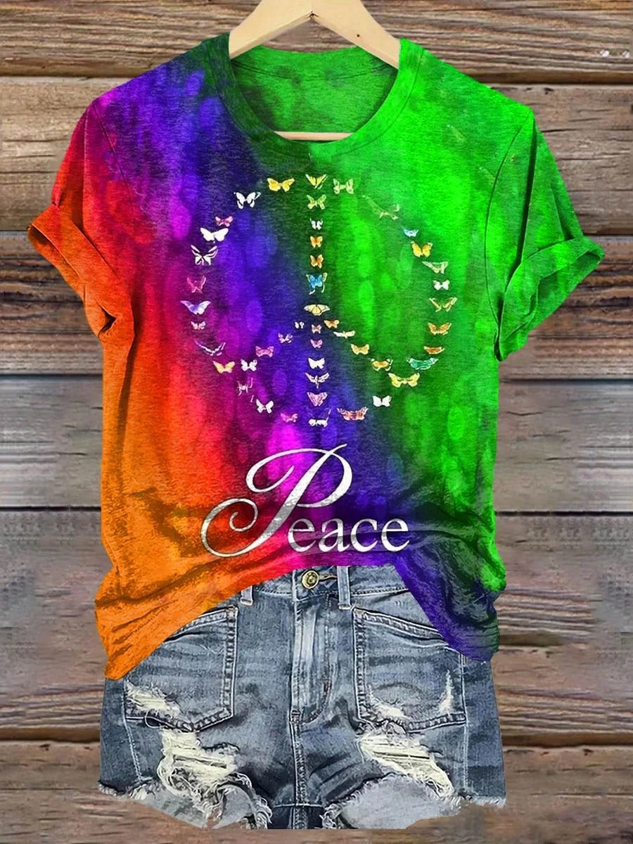 Women's Tie-Dye Love Peace Hippie Pattern Art Print Punk Hippie Batwing Pleated Fringe Cape Dresses