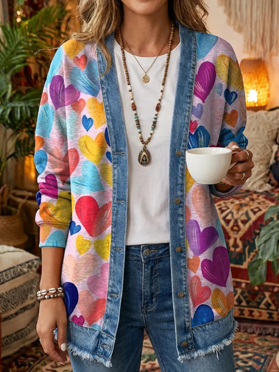 Ethnicity Geometry Colorful Love Women's Art Print Casual Long Sleeve Denim Patchwork Shirt Coat