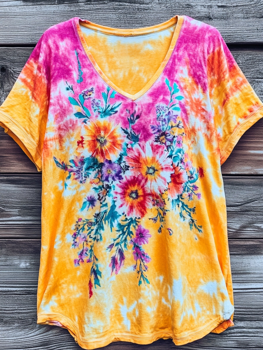 Women's Tie-dye Flowers Art Print V-neck Casual Cotton T-Shirt